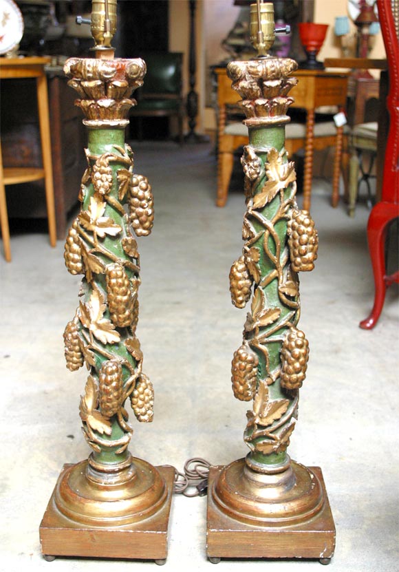 pair of 18th C. polycrome lamps & shades