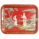 Red Lacquer Chinnoiserie Painted Tole Tray