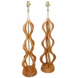 Pair Large  Carved wood lamps