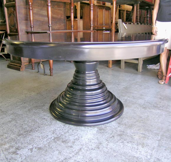 Round pedestal table can be made 36 to 72 inch diameter.  Base varies in diameter according to size. Any finish available.<br />
Leaves optional.