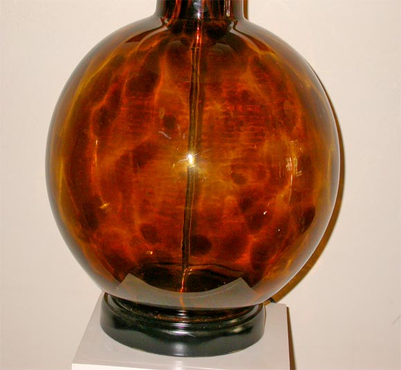 Pair of Large Bulbous Lamps of Beautiful Tortoise shell Glass, with double clusters.