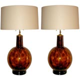 Pair of Large Tortoise Shell Glass Lamps.