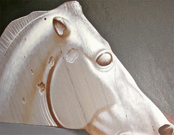 Painting of the famous sculpture of a horse head from the Parthenon.
Original Illustration from Parthenon, an award winning non-fiction picture book for children by Lynn Curlee.