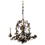 Bronze and Tole Four Arm Chandelier with Porcelain Flowers