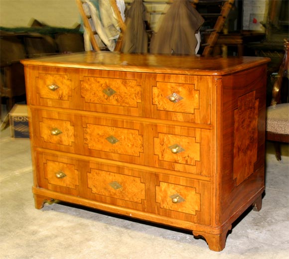 A three-drawer commode with burled veneer inset panels. Satinwood stringing and fruitwood body.