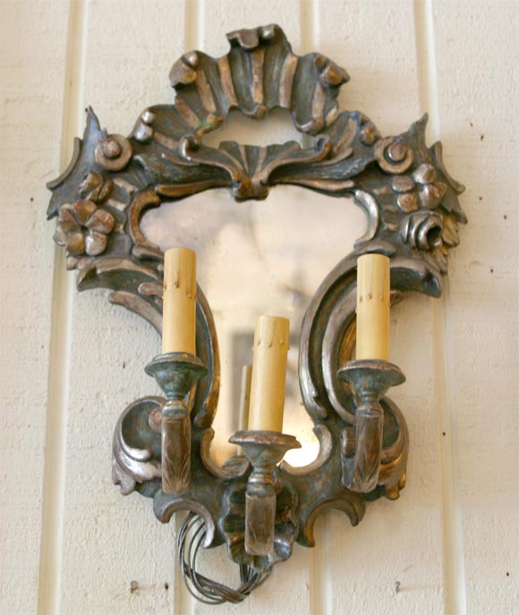 Pair Silver Gilt and Painted Italian Mirrored Sconces
