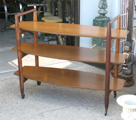 3 Tier Surfboard Server in Walnut on old casters.