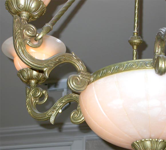 Bronze and alabaster deco chandelier In Excellent Condition For Sale In Water Mill, NY