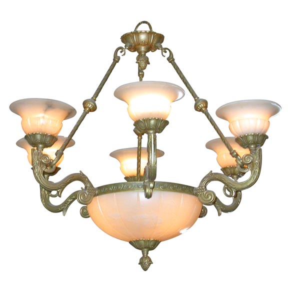 Bronze and alabaster deco chandelier For Sale
