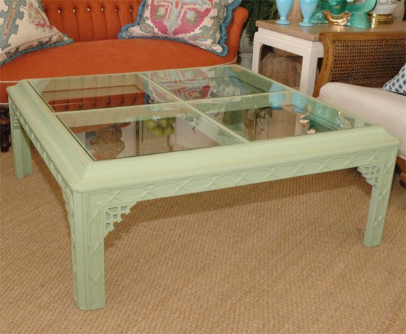 Vintage Coffee Table, Carved Chinese Chippendale Style.  Four Glass Squares Inset on Table Top.  Newly Painted Mint Green.