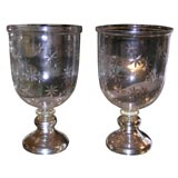 Pair of Etched Glass Hurricanes with Mercury Glass Bases