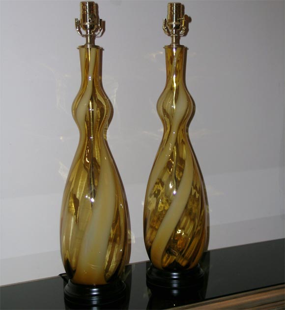 BEAUTIFUL PAIR OF MURANO CANDY STRIPE LAMPS.