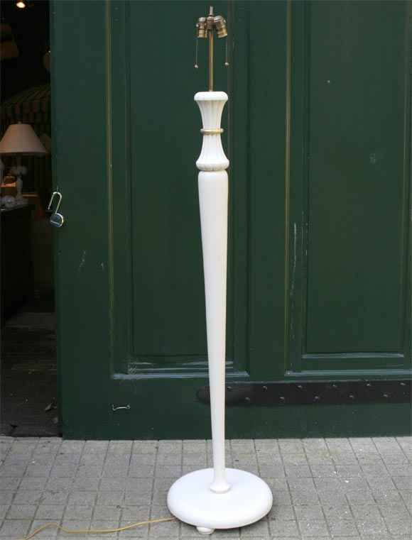 French 1940s white and gilt carved wood floor lamp. Newly rewired.