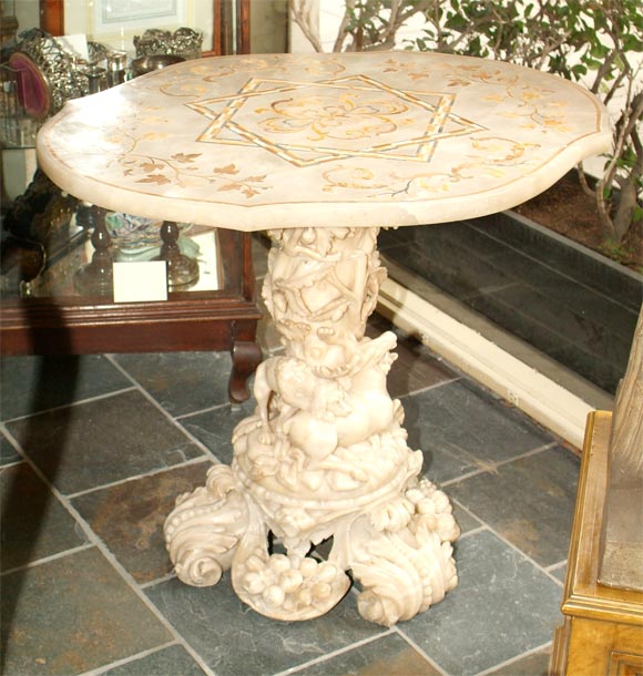 Marble-inlaid alabaster center table