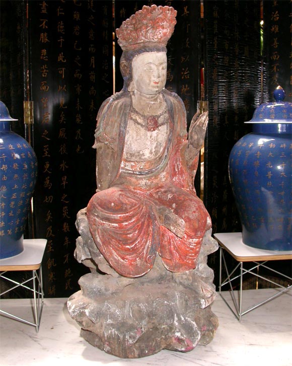 Chinese Polychrome carved wood seated kwan yin