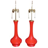 PAIR OF LARGE CERAMIC LAMPS IN A VIVID RED/ORANGE GLAZE PAIR OF LARGE CERAMIC LAMPS IN A VIVID RED/ORANGE GLAZE