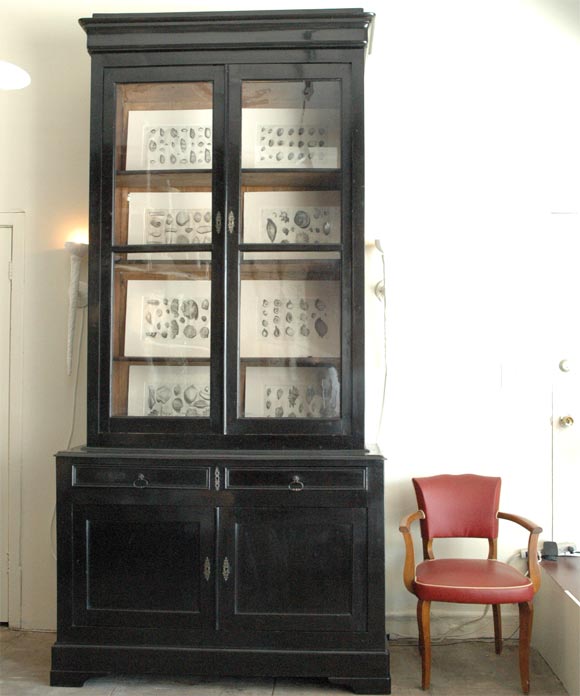 Tall Black Lacquered Hutch with original glass panes.