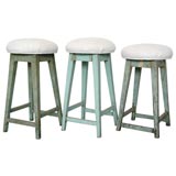 Antique 19THC ORIGINAL BLUE/GREEN PAINTED BAR STOOLS WITH  LINEN SEATS