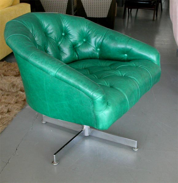 Pair of Tufted Green Swivel Chairs with Chrome Base