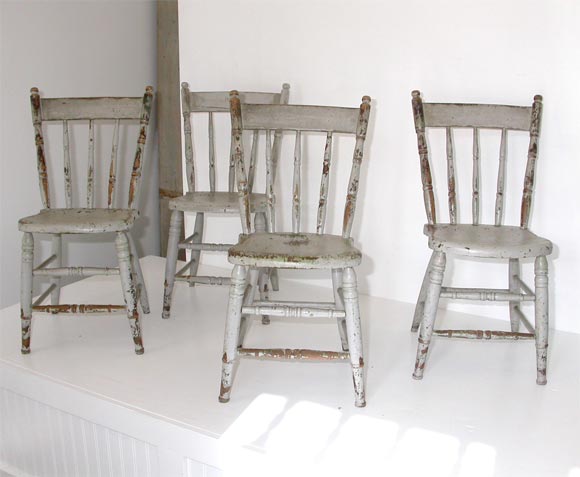 19THC ORIGINAL GREY PAINTED PLANK BOTTOM CHAIRS FROM PENNSYLVANIA WITH WONDERFUL WEAR AND SOFT PATINA-GREAT WITH A FARM OR SAWBUCK TABLE