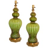 Pair of Large Fluted Barovier Lamps in Green
