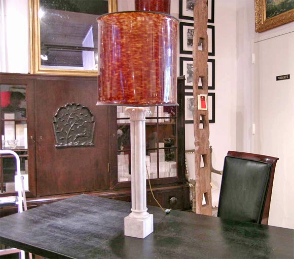 Marble column lamps, original tortoiseshell shade.