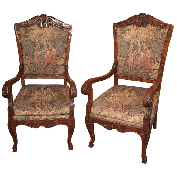 Carved  And Inlaid Fruitwood Armchairs For Sale