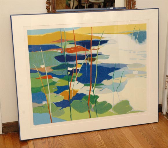 A Tadashi Asoma (do a search for his resume)numbered and custom framed silkscreen. This is a very vibrant yet serene silkscreen. It is #150/150. It is expensively framed in lucite with a cobalt blue lucite outer edge frame. It was purchased from the