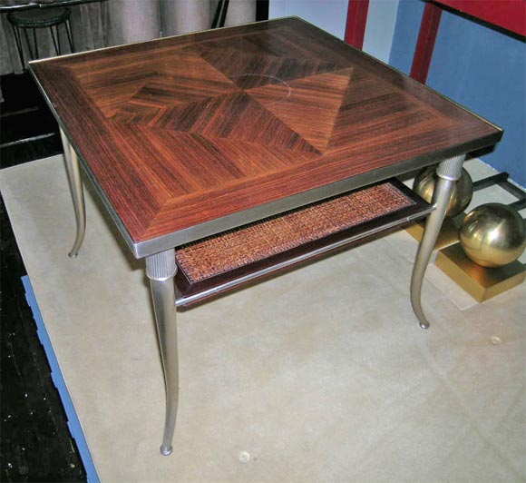 Mahogany and bronze square coffee table with caned lower shelf. By Weiman, American 1960s. 28