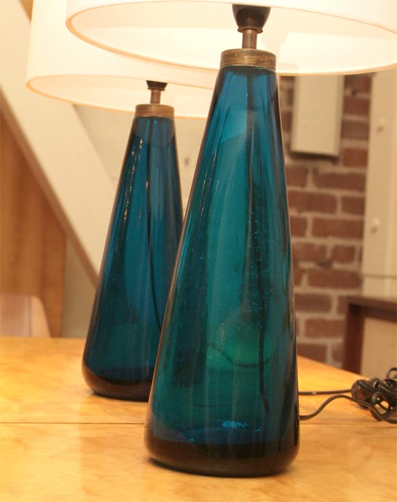 Pair of Venini Cobalt Blue Table Lamps For Sale 2