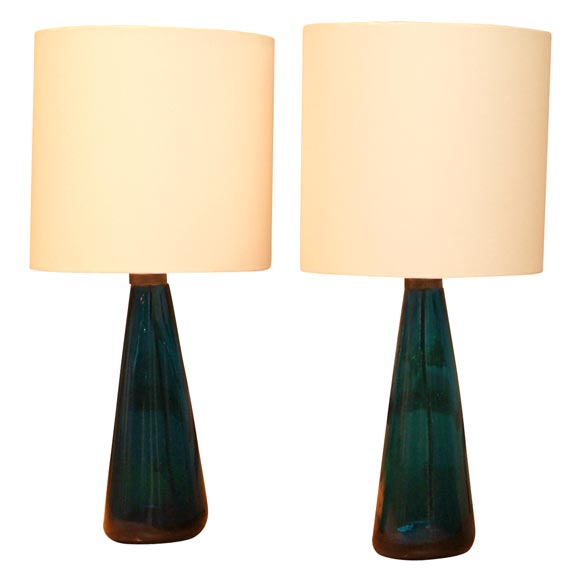Pair of Venini Cobalt Blue Table Lamps For Sale