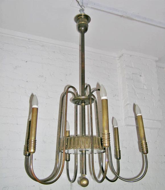 Elegant and Rare six-arm Bronze Chandelier by Brusotti. (Fontana Arte). This piece is characteristic of the 'Novecento'  or modern neoclassical period in Italian decorative arts with it's simple, classic, sober form.