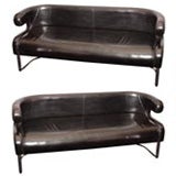 A Chic Pair of French Leather and Chrome Modern Sofas
