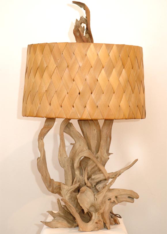 A Driftwood and Woven Palm Table Lamp