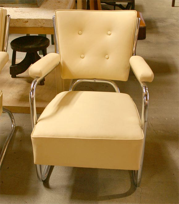 Cream Leather Upholstered Chrome Armchairs, 1940's