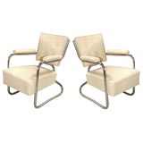 Cream Leather Upholstered Chrome Armchairs, 1940's