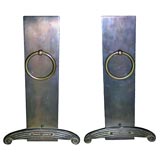 Pair of Rectangular Face Suspended Ring Bronze Andirons