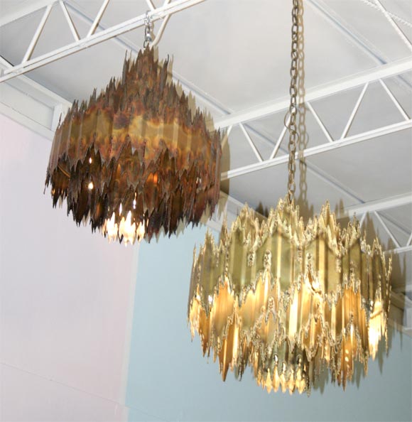 7-light chandelier in the style of Paul Evans, with five fabulously tortured tiers of welded brass.