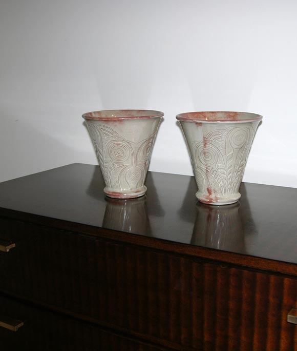 Beautiful pair of ceramic flared-top vases with incised 
