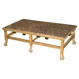 Large Carved Wood Coffee Table with Fossil Marble Inset Top