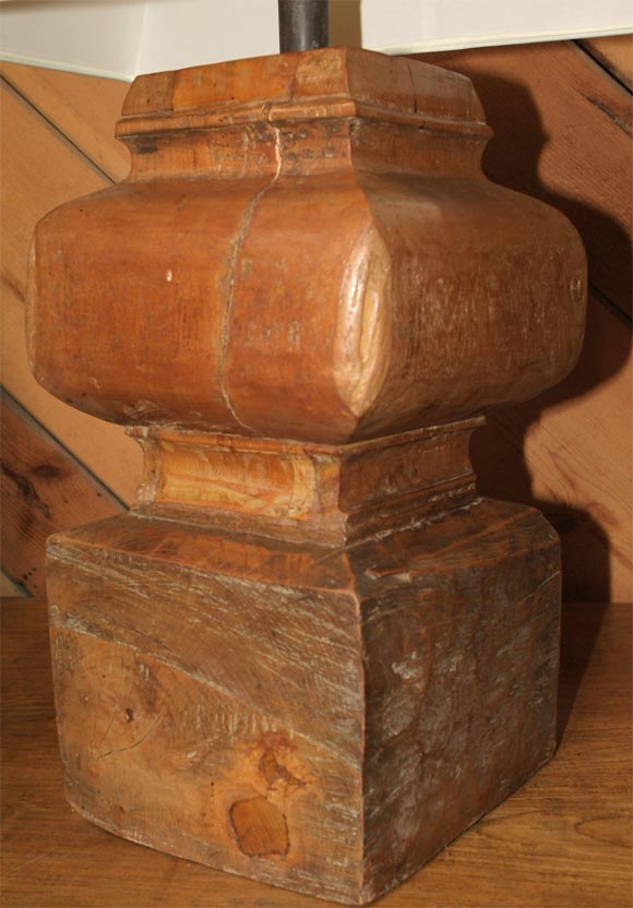 Old Column base from a Balinese bale ( a 4-posted pavillion ) Drilled and converted to lamp. Solid teak with custom shade. Can accomodate a 3-way bulb.