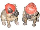 Antique 2 Terra Cotta Pugs with Red Caps