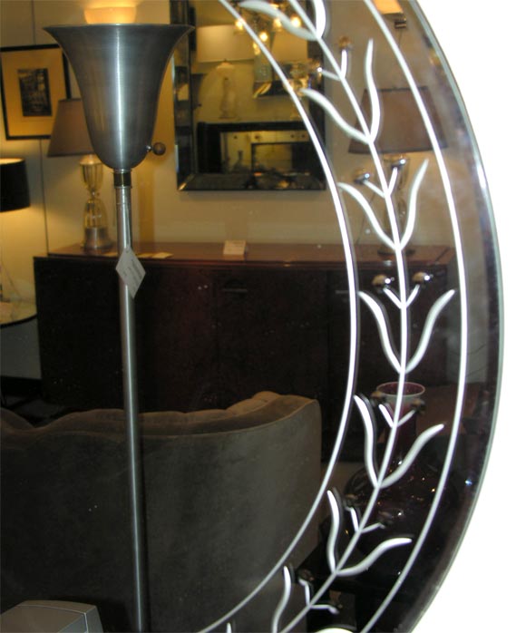 20th Century 1930s Round Mirror with Etched and beveled design