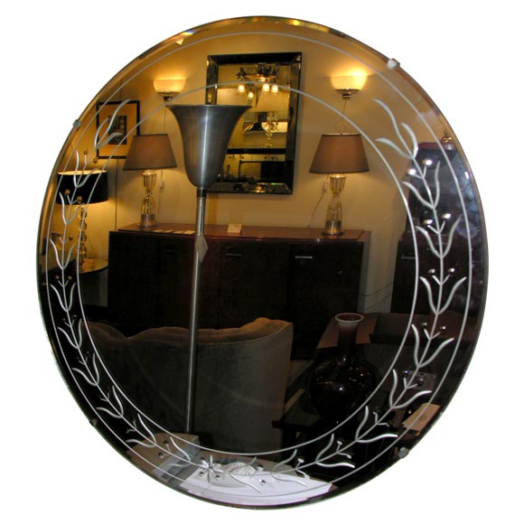 1930s Round Mirror with Etched and beveled design