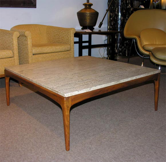 Coffee Table in Walnut with Travertine Top by Bertha Schaefer