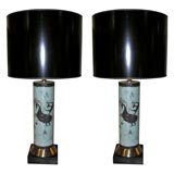Pair of hand-painted  glass lamps
