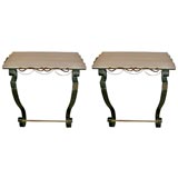 #1084 Pair of 'Rene Prou' Style Forged Iron/Travertine Consoles