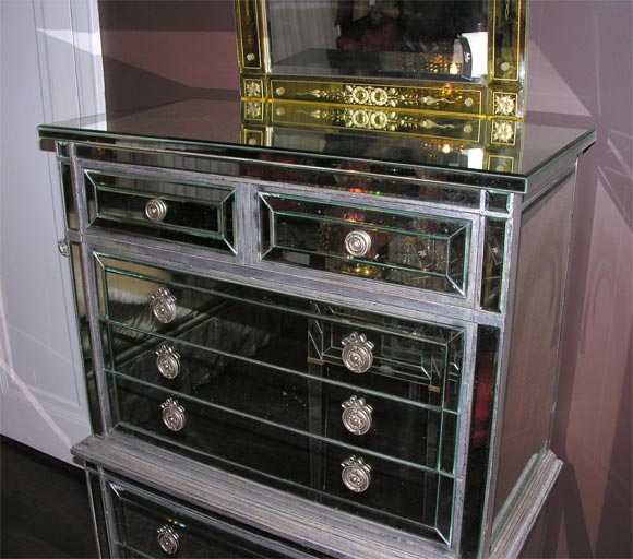 Silver Trim Mirrored Highboy In New Condition For Sale In New York, NY