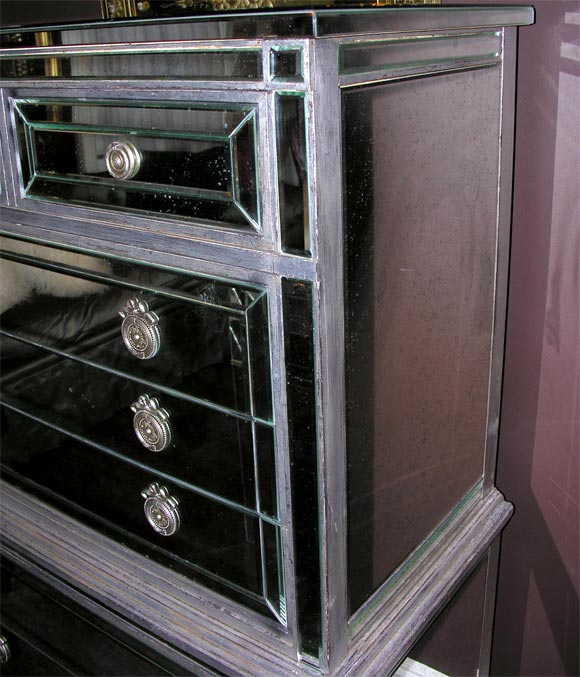 Contemporary Silver Trim Mirrored Highboy For Sale