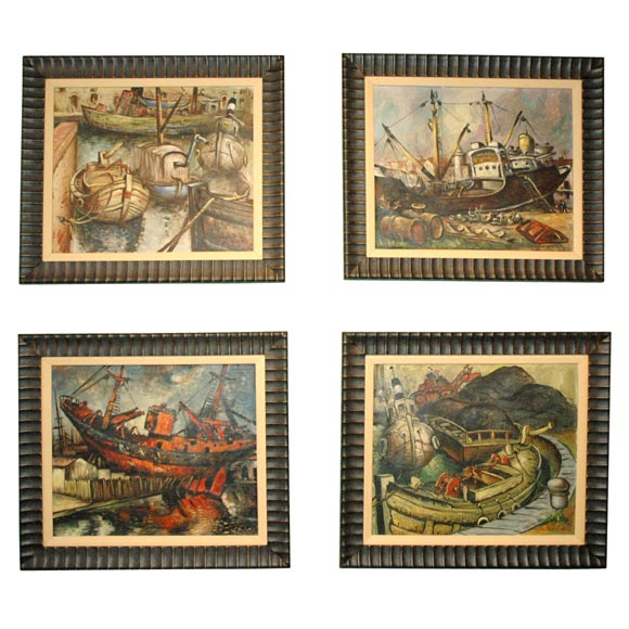 Set of Four WPA Style Ship  Paintings For Sale